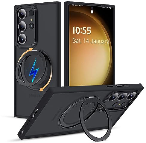 LOKASS All-in-1 Hülle für Samsung Galaxy S23 Ultra mit 360°Rotierbar unsichtbarem Ständer/Handyring Magnetic Schutzhülle(Militärschutz Stoßfest)für Samsung S23 Ultra Handyhülle Matt Dünn Case,Schwarz