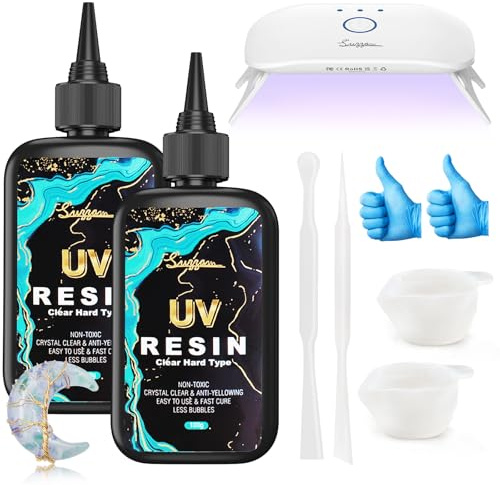 Suzzam Set in resina UV con lampada UV, resina UV 200g, resina epossidica UV cristallina per arte fai da te, gioielli, fusione e rivestimento - resina ultravioletta trasparente a basso odore