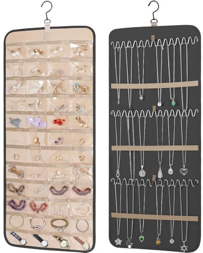 Porta Orecchini Da Appendere Porta Orecchini Organizer Doppia Faccia Organizer Da Appendere Porta Collane Da Appendere Espositore Gioielli Per Ragazze Donne, con 48 Tasche e Ganci (Nero)