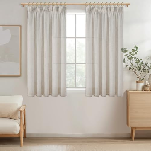 MRTREES Cortinas Cocina Dormitorio Cortas Translucidas para Ventanas 140x145 CM, Lindas Cortinas de Casa Cortina Visillo Blanco Marfil Lino con Ganchos Salon Comedor Modernas 2 Piezas