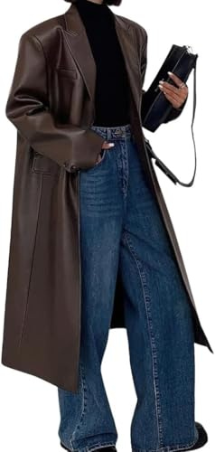 Juankrynord Trench lungo da Donna alla moda primaverile ampio lungo fino al ginocchio in PU con risvolto e bottoni stile retrò giacca da completomonopetto trench autunnale