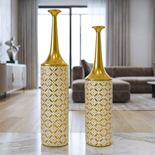 Leewadee Set de 2 Grandes Jarrones de Suelo 65/55 cm - Altos Jarrones de Metal en Dorado para Decoración Hogar