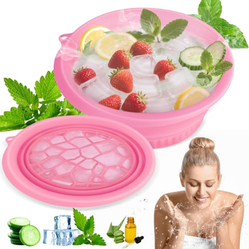 Face Bowl for Ice With Built-in Ice Tray Collapsible Silicone Facial Face Ice Bath Bowl Small Reusable Cold Plunge Basin is Portable,Perfect for Home Use,Camping,Travel Cold Bath Spa Tool & Pink