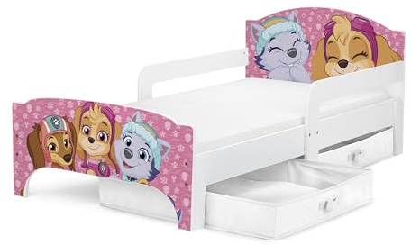Leomark Kinderbett mit Paw Patrol Design - Smart - Komfortables Einzelbett aus Holz 70x140 cm mit textilen Schubladen Weiß/Rosa UV-Druck (Paw Patrol 02)