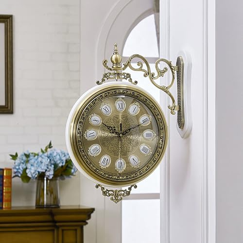 Orologio da parete bifacciale retrò, orologio da parete bifacciale in stile europeo con movimento silenzioso, decorazione artistica da parete per la casa, giardino, ufficio, patio, veranda (oro bianco
