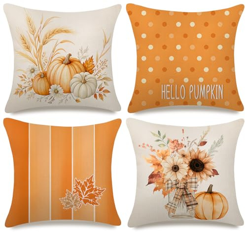 PITMT Set med 4 kuddfodral höstdekoration, 45 x 45 cm, höstpumpor bukettmönster, linnedekoration, kuddfodral, höstkudde för soffa, vardagsrum, sovrum