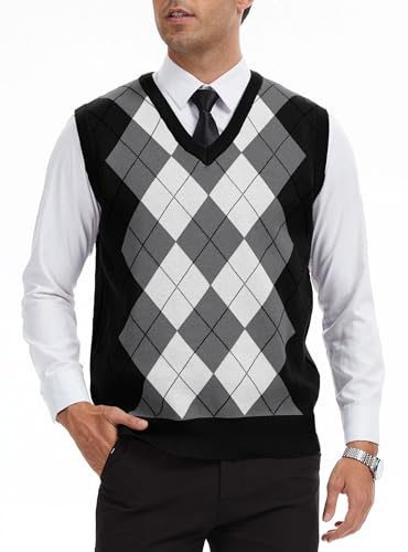 Zaitun Men's Argyle Sleeveless Jumpers V Neck Vest Tops Knitted Slim Fit Waistcoat Business Casual Sweaters Pullover Autumn Winter Black