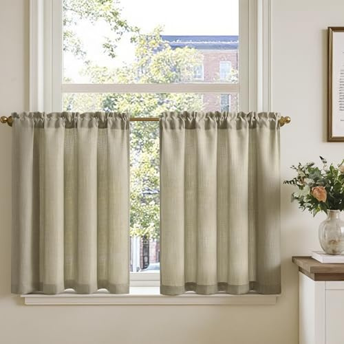 TOPICK Tenda Cucina Tende Corte Piccole Brise Vento, Taupe 90x75 cm 2 Pannelli con Passante per Traversa Per Finestra, Armadio, Mobile Basso, Camera e Copertura Sotto Lavandino