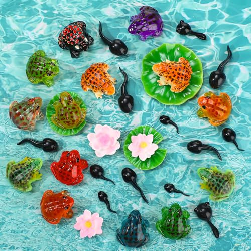 Vyuwast 34 Pcs Mini Artificial Pond Accessories Mini Frogs Tadpoles Tiny Resin Lily Leaves Artificial Lotus Flowers for Garden Fish Pond Patio Aquarium Water Decoration