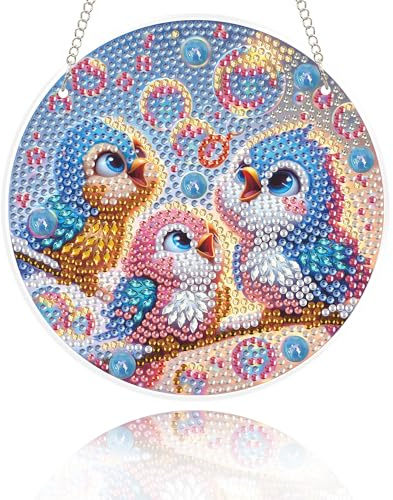 Eiflow Glass Diamond Art Kit Hanging Ornament, DIY Stained Glass Diamonds Painting Hanging Board Kit, Crystal Diamond Art Painting Pendant Full Drill (Birds)