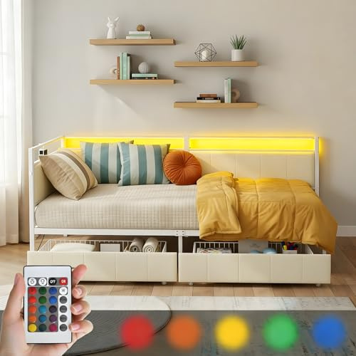 ZECIIYE Lit Daybed 90x200cm avec LED, 2 Tiroirs de Rangement, Tête de Lit Rembourrée en Tissu, Port USB, Sommier à Lattes Métal – Lit Simple Adulte, Enfant, Canapé-Lit Salon, Chambre – Beige