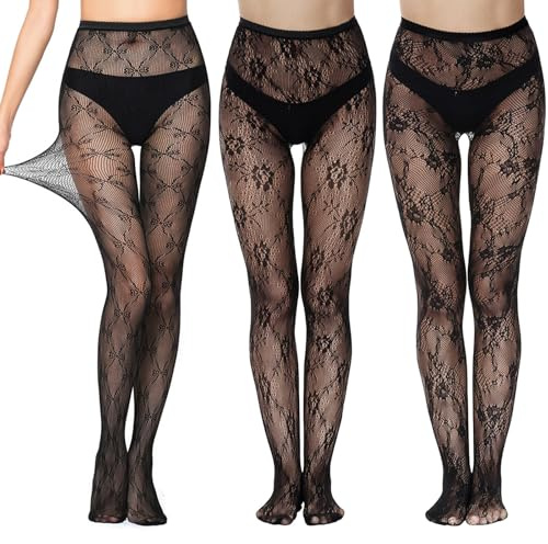 atnayo 3 Pairs Patterned Tights for Women, Fashion Floral Pattern High Waist Fishnet Black Lace Stockings Tights