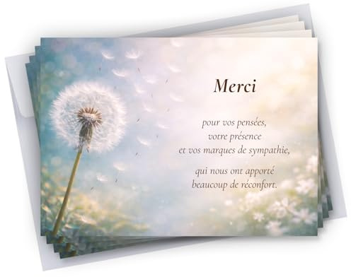 Lot de 25 Cartes de remerciements décès condoléances + 25 Enveloppes autocollantes • Visuel Pissenlit • Format 10x15 cm