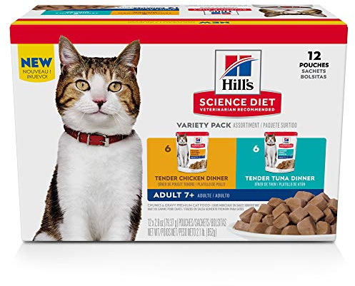 Hill's Science Diet Adult 7+ Wet Cat Food Variety Pack, Chicken & Tuna, 2.8 oz. Pouches, 12-Pack
