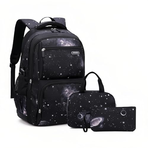 Galaxy Zaini per Ragazzi Scuola Borse Capacità Libreria Elementare, 3 pezzi-nero-galassia, 3Pcs Backpack Set, Zaini Zaino