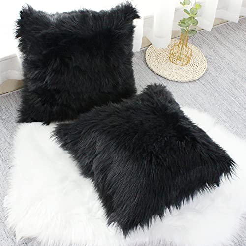 OYIMUA 2Pcs Fundas de Almohada Decorativa Fundas de Almohada de Piel sintética Suave, Pelo Largo Almohada de imitación, sofá Cuddly Cojín de (Negro, 60 x 60 cm)