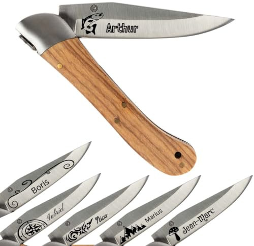 Ocadeau Couteau de poche personnalisé avec gravure texte sur la lame – Manche en bois frêne exotique et Lame acier 420 avec texte gravé
