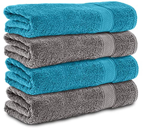 Komfortec 4er Handtücher 50x100 cm Set aus 100% Baumwolle, Frottee, Weich, Anthrazit Grau/Türkis