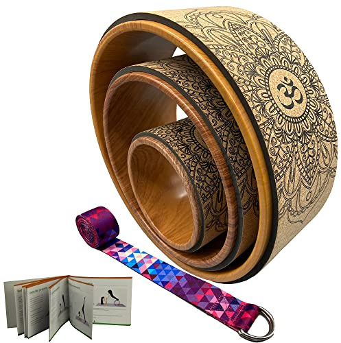 Aozora Yoga Wheel 13 with Most Detailed Book Step by Step Guide on How to Do 30+ Poses,! Perfect for Stretching and Improving Backbends (3 Pack - 13, 10 & 6 -Cork/Woodgrain +Strap)