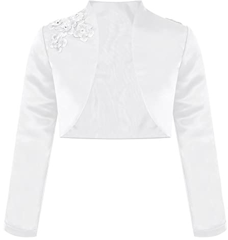 CHICTRY Girls Satin Long Sleeve Flower Bolero Shrug Short Cardigan Wedding Bridesmaid Dress Cover Up Jacket Top White 11-12 Years