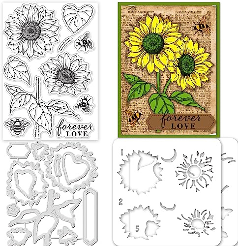 GLOBLELAND Layered Sunflower Silicone Clear Stamps Metal Bee and Text Cutting Die Cuts Paint Craft Stencils Template for Card Making and DIY Embossing Scrapbooking Craft Decor