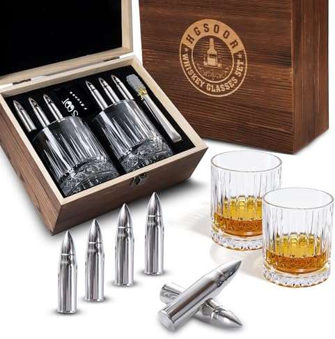 Whiskey Gifts for Men, 2 Old Fashioned Glasses with 6 Bullet Whiskey Stones | Stainless Steel Chillers, Tongs and Wooden Box, Cool Christmas Gifts for Men, Dad & Husband, Bourbon Scotch Whiskey Lovers