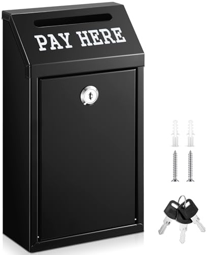 Yaocom Safe Cash Box Money Collection Metal Donation Box with Lock Wall Mount Pre Drilled Mailbox Delivery Ballot for Home Office Outdoor Self Serve Stand(Black,10.2 x 5.7 x 2.8 Inch)