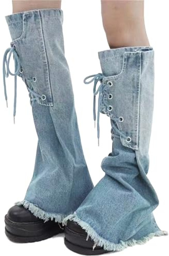 FakeFace Jambières Harajuku pour Femme Fille Jambières en Jean Rétro Y3K Gothiques Chaussettes Longue Evasées Punk Réglable Chauffe-jambes Mignon Mode