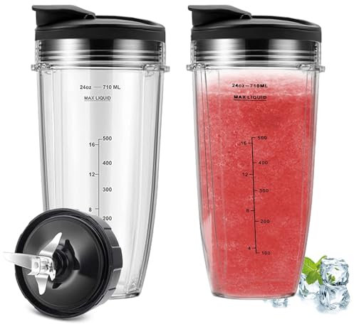 2-Pack for Ninja Blender Cups, 24oz Blender Replacement Parts, 700ml Cups Replacement Compatible with Nutri Auto IQ Series Blenders, 2X 700ml Cups & 1x Blade & 2X Spout Lids