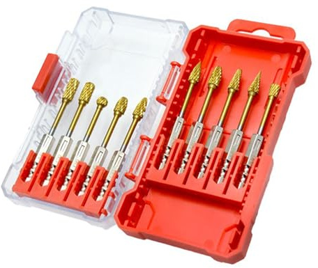 Buerfu Burr in carburo, Burr Bits - Set di strumenti di smerigliatrice in acciaio tungsteno di 10,Kit di bava in carburo multiuso con gambo da 1/4 di pollice per il porting di debusting per incisione
