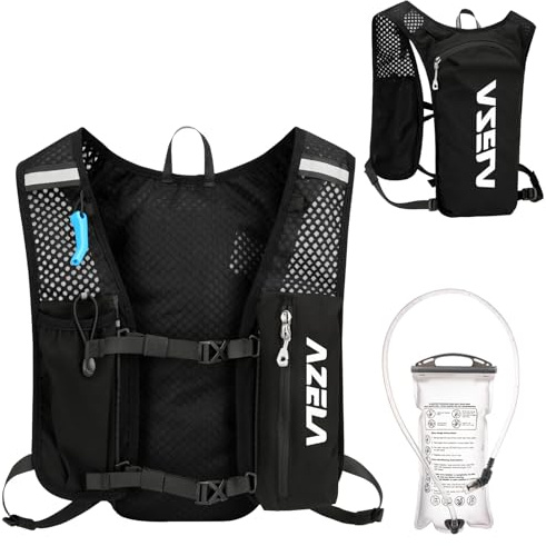 Azarxis Zaino da Corsa 7L, Leggero Zaino Idratazione con Strisce Riflettenti, Rete Traspirante per Running, Maratona, Ciclismo, Uomo/Donna (A - Nero + Sacca Acqua 1,5 Litri)