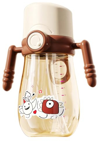 Sigdio - Taza de aprendizaje (300 ml, con paja, para niños, 100 % impermeable, antifugas, fácil de abrir, asas extraíbles (marrón, 300 ml)