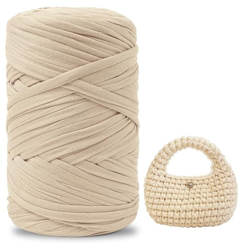 iEGrow 400 g de hilo para camiseta, hilo de ganchillo, hilo textil para cestas de ganchillo, adecuado para bolsos, alfombras, decoración del hogar, manualidades, hilo grueso para principiantes Beige