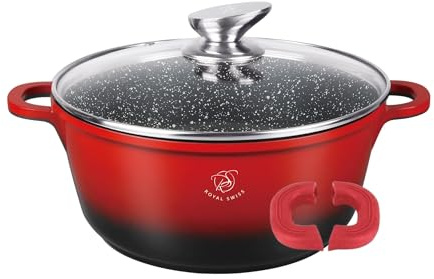 Royal Swiss 24 cm Black & Red 4 Litre Marble Coated Glass Lid Induction & Oven Safe Cast Aluminium Removable Silicone Handles