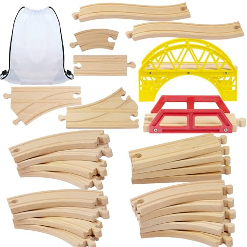 25 Piezas Juego de Vías de Tren de Madera para Construir Ferrocarriles, Compatible con Marcas Principales, Incluye Carriles Rectos, Curvos y Adaptadores, Juguete Educativo para Niños +3 Años