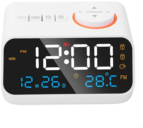 Reloj despertador con radio FM para mesita de noche, termómetro digital LED e higrómetro, monitor interior con calendario de tiempo para adultos y personas mayores (blanco)