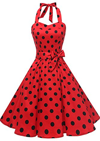 Topdress Women's Vintage Polka Audrey Dress 1950s Halter Retro Cocktail Dress Red/Black Dot S