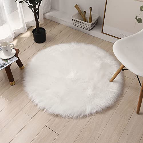 Piel de Cordero Oveja/Sheepskin Rug Cordero, imitación mullida Alfombras imitación Piel sintética,para salón Dormitorio baño sofá Silla cojín (Round 90, Blanco)