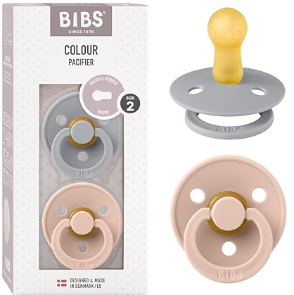 BIBS Colour Soother 2-Pack, BPA Free Dummy Pacifier, Round Nipple. Natural Rubber Latex, Size 2 (6-18 Months), Cloud/Blush