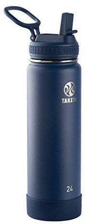 Takeya Actives 24 oz Water Bottle with Straw Lid - Double Wall Stainless Steel Insulation - Dishwasher Safe & BPA-Free - Removable Bumper - Midnight Blue