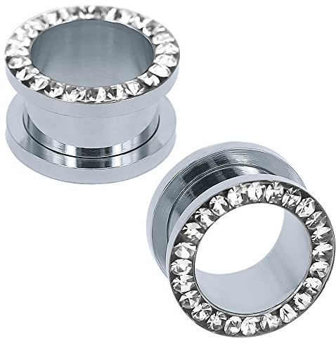 ZS 316L Stainless Steel Rhinestone Crystal Ear Tunnel Plugs Ear Gauges Expanders Body Piercing (White, 0g(8mm))
