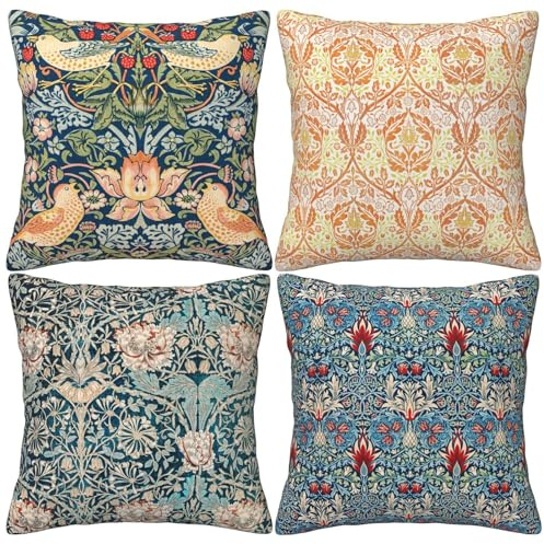 HOSTECCO William Morris Pillow Covers 45x45 cm Pack of 4 The Strawberry Thieves Golden Bough Design Art Pillow Cases Square Decorative Cushion Covers for Sofa Couch