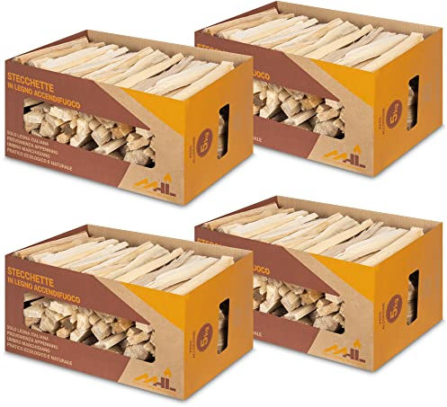 MHL Stecchette in Legno Accendifuoco in Scatola di Cartone Certificate Enama Classe Qualità A1 - Set da 4 pezzi - 20 Kg
