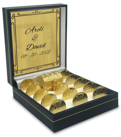 Customizable 24K Gold Plated Wedding Unity Coins with Decorative Display Case and Necklace, Treasure Box, Classic Arras Ceremony Souvenirs, Beautiful Gift Set Marriage Arras Matrimoniales (Carte)