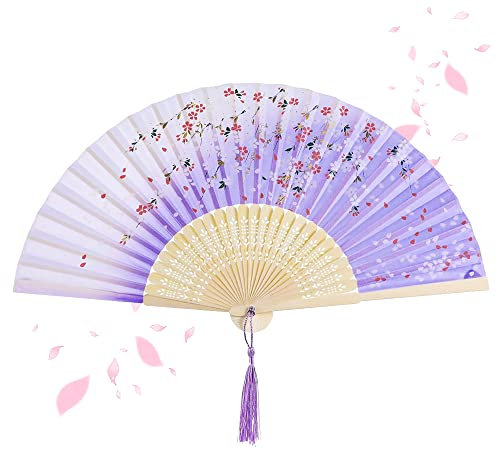 IRYNA Handheld Fan Folding, Folding Fan Hand Held Fan for Women, Vintage Chinese Fan, Handheld Silk Folding Fan for Birthday Gift Wedding Party Decoration (Purple)