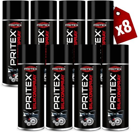 PRITEX – Silikonspray 8 x 400 ml schmiert, pflegt und schützt diverse Materialien – fettfreies Trennmittel für Kunststoff, Gummi, Holz & Metall – Gleitspray Pflegemittel Schmiermittel