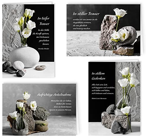 8 Trauerkarten Beileidskarten Trauer mit Text und Umschlag Beileid Klappkarten mit Spruch Beerdigung Anteilnahme stilvoll weiße zarte Blume und Stein Kondolenz Kondolenzkarten zum Abschied