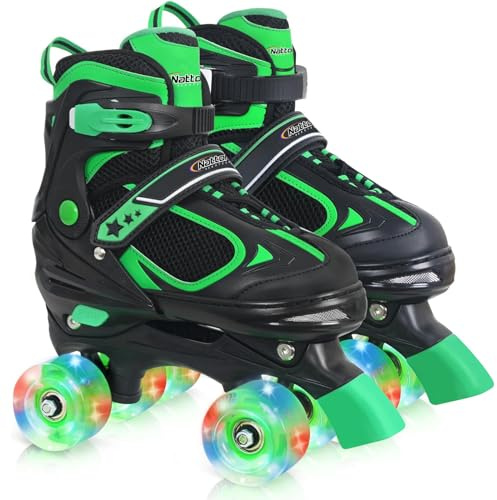Kids Roller Skates for Boys - Green for Big Kids Age 7 8 9 10 - Adjustable All Light up Wheels Indoor Outdoor Sports Birthday Gift for Son and Grandson