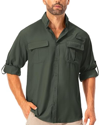Camicia da uomo Safari UPF50+, protezione UV, da trekking, da uomo, a maniche lunghe, funzionale, traspirante, ad asciugatura rapida, casual, con bottoni, Verde militare, XL