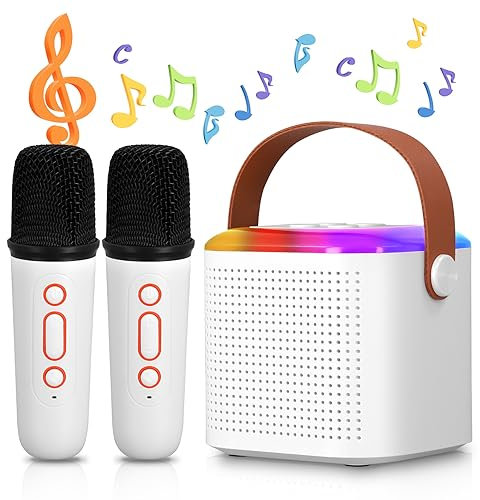 Karaoke Maschine für Kinder, mit 2 Kabellosen Mikrofonen, Tragbarer Karaoke Lautsprecher mit LED-Licht und Stimmverändernden Effekten, Geburtstagsgeschenke für Mädchen Jungen Erwachsene